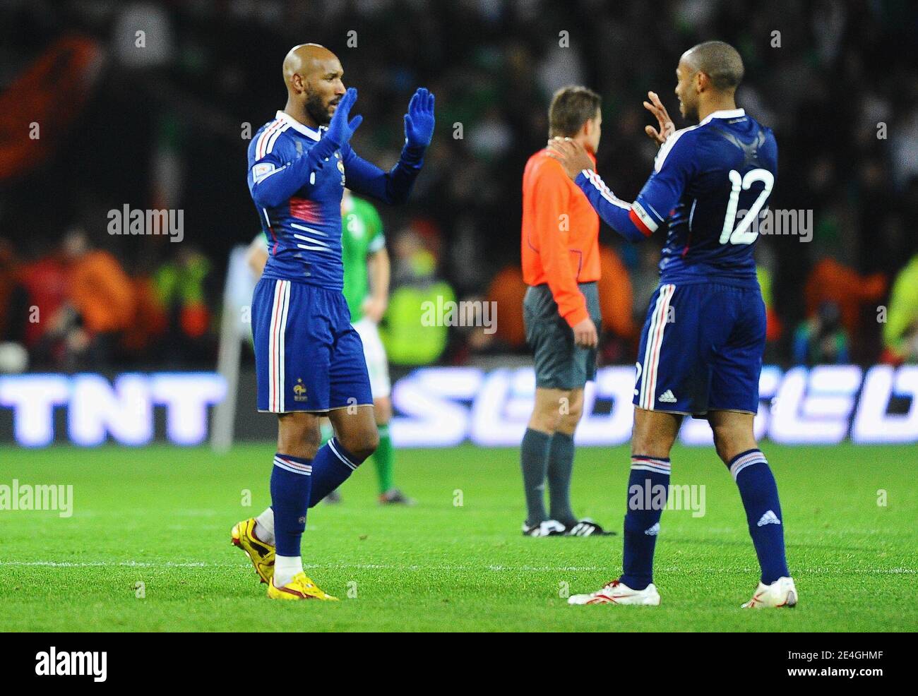 France's Nicolas Anelka and Thierry Henry during the World Cup 2010 Qualifying Play off soccer match, Ireland vs France at Croke Park stadium in Dublin, Ireland on November 14, 2009. France won 1-0. Photo by Steeve McMay/ABACAPRESS.COM Stock Photo