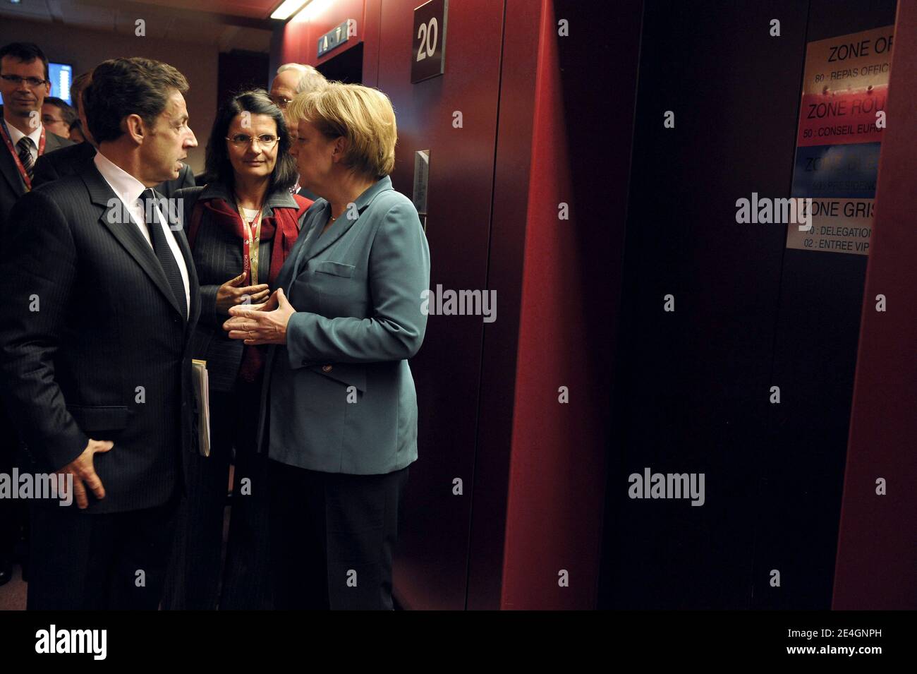 French President Nicolas Sarkozy and Germany's chancellor Angela Merkel pictured during the European Union Summit at the EU headquarters in Brussels, Belgium, on November 19, 2009. Photo by Elodie Gregoire/ABACAPRESS.COM Stock Photo