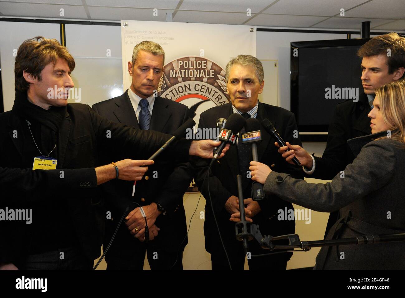 RAID Commissaire Div. Amaury De Hautecloque and Police Judiciaire director Christian Lothion give a press conference on November 20, 2009 in Nanterre near Paris, France after French fugitive Jean-Pierre Treiber arrestat in Melun, near Paris. Treiber was caught in an apartment owned by his friend's daughter. In 2004, Treiber was arrested for the murder of Geraldine Giraud, daughter of French actor Roland Giraud, and her lover Katia Lherbier. Photo by Mousse/ABACAPRESS.COM Stock Photo