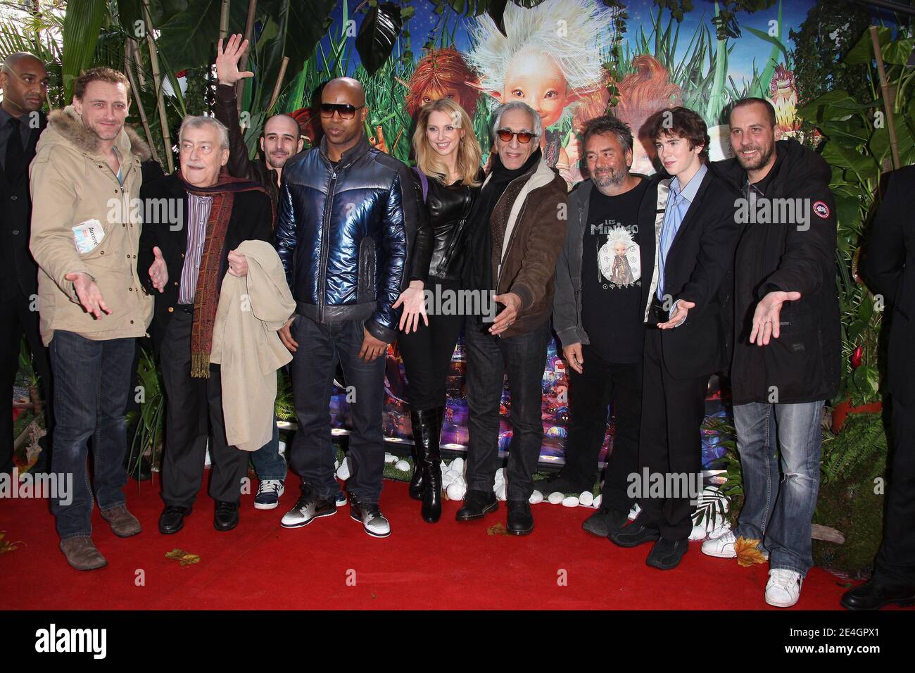Cast members (L toR) Jean-Paul Rouve, Michel Duchaussoy, Frederique Bel, Gerard Darmon, French Producer and Director Luc Besson, Freddie Highmore and Fred Testo arriving to the premiere of 'Arthur et la Vengeance de Maltazard' at Gaumont Marignan theater in Paris, France on November 22, 2009. Photo by Denis Guignebourg/ABACAPRESS.COM Stock Photo