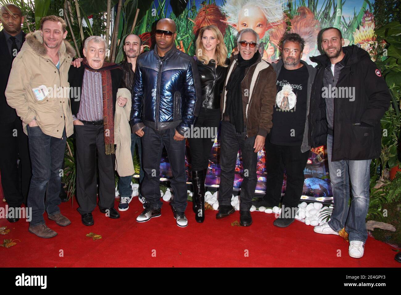 Cast members (L toR) Jean-Paul Rouve, Michel Duchaussoy, Frederique Bel, Gerard Darmon, French Producer and Director Luc Besson and Fred Testo arriving to the premiere of 'Arthur et la Vengeance de Maltazard' at Gaumont Marignan theater in Paris, France on November 22, 2009. Photo by Denis Guignebourg/ABACAPRESS.COM Stock Photo