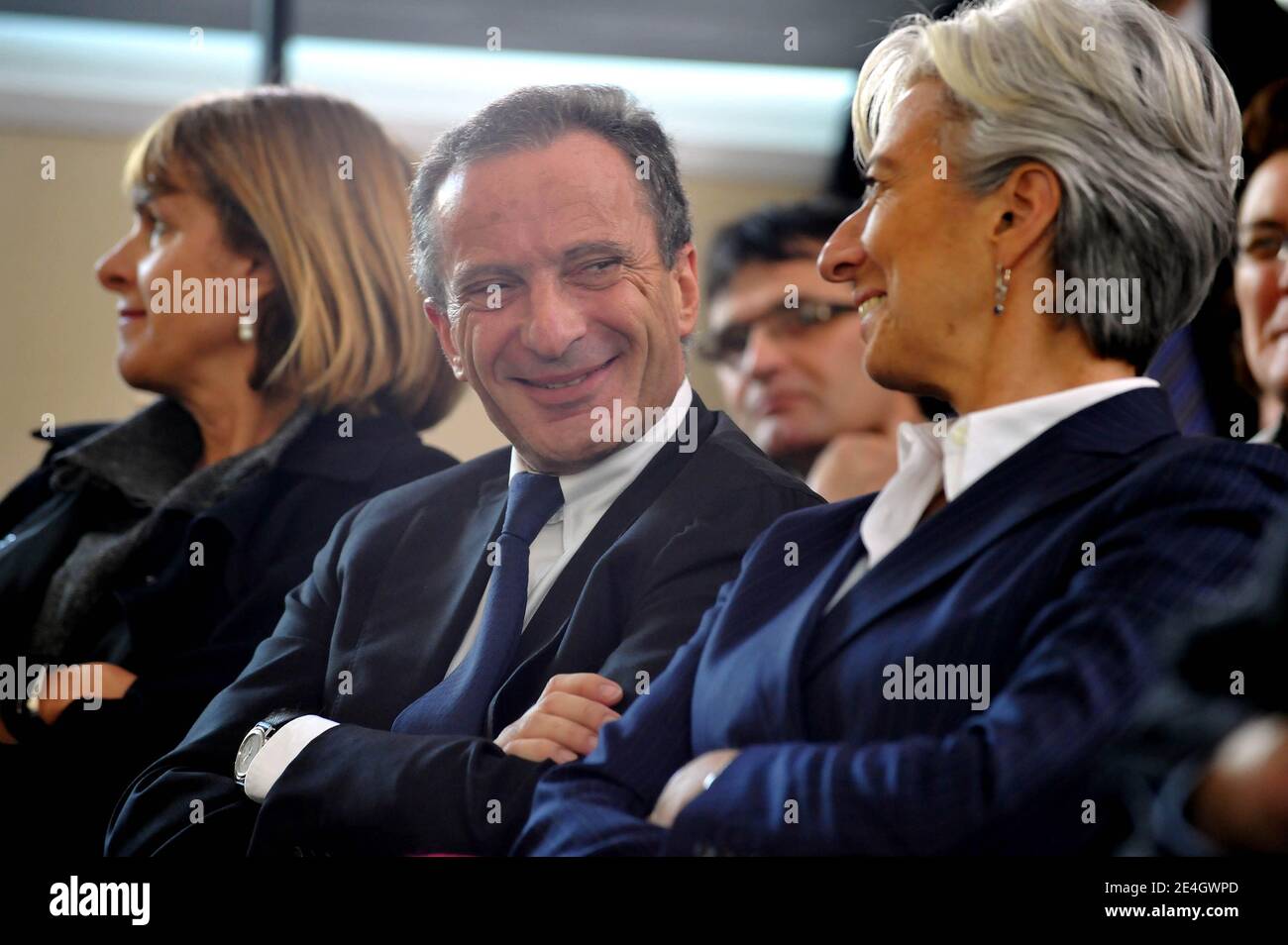 French Nuclear engineering giant Areva chairwoman Anne Lauvergeon, new chief executive of state-controlled Electricite de France, Henri Proglio and Minister for the Economy, Finance and Employment Christine Lagarde attend the speech of Prime Minister during the visit at the construction site of the third-generation European Pressurised Water nuclear Reactor (EPR) in Flamanville, western France, on November 26, 2009. Photo by Nicolas Gouhier/ABACAPRESS.COM Stock Photo