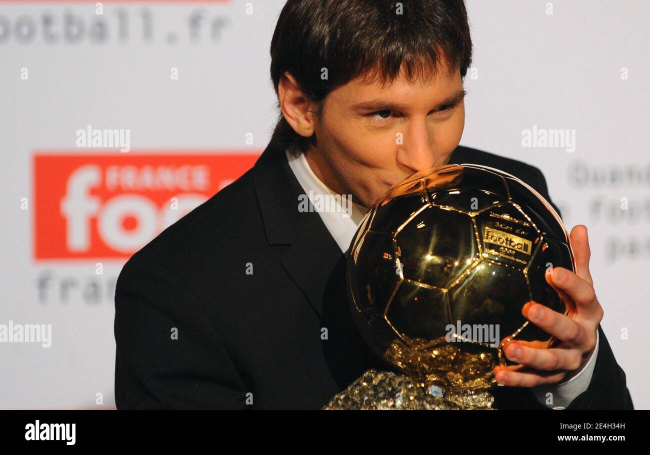 Barcelona's Argentinian forward Lionel Messi receiving the European  footballer of the year award, the 'Ballon d'