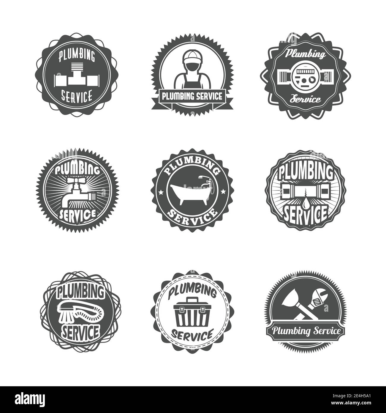 Plumbing service labels with water pipe plumber and tools isolated ...