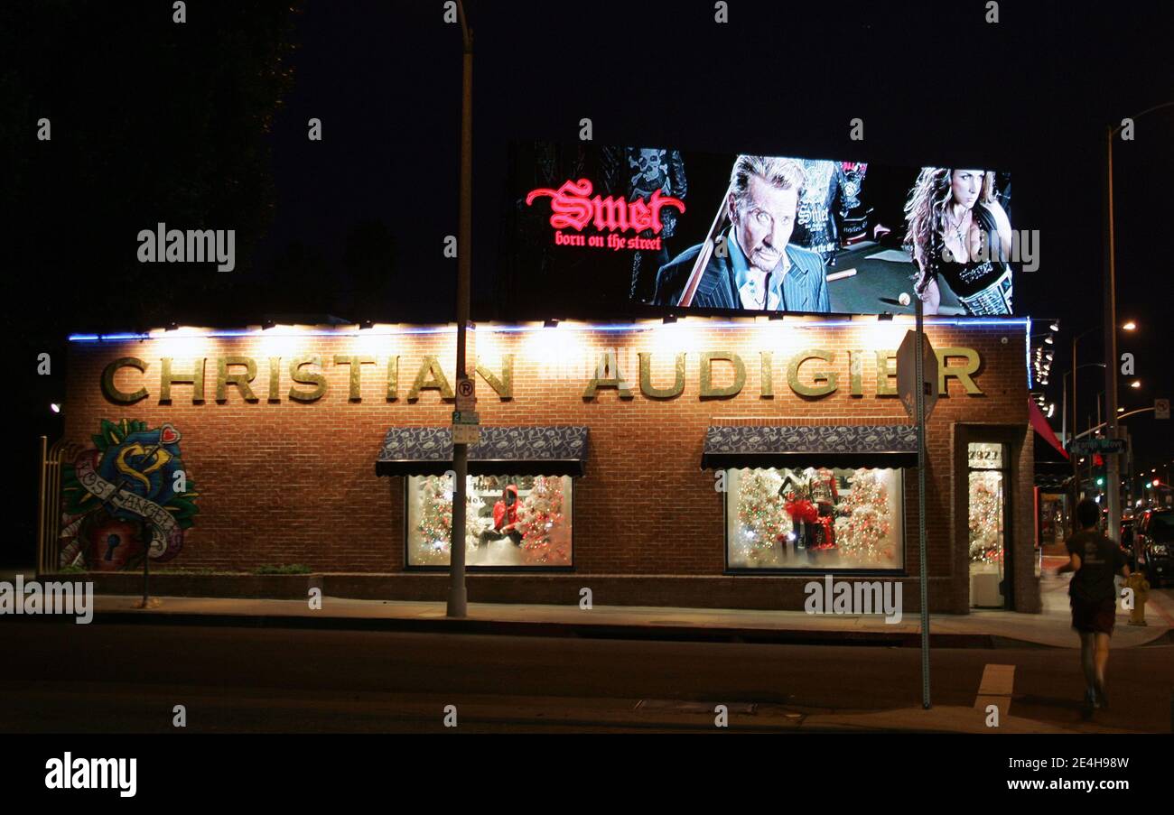 A giant billboard above Christian Audigier store showing French rocker Johnny Hallyday advertising the 'Smet' fashion line in Los Angeles, California, USA on December 15, 2009. Photo by Charles Guerin/ABACAPRESS.COM Stock Photo