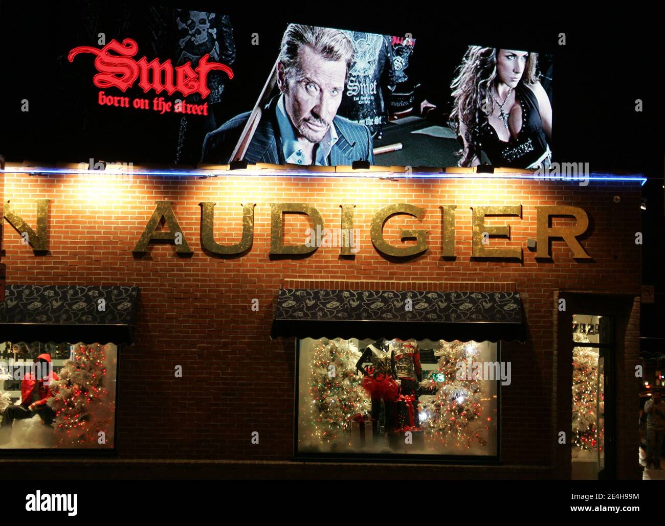 A giant billboard above Christian Audigier store showing French rocker Johnny Hallyday advertising the 'Smet' fashion line in Los Angeles, California, USA on December 15, 2009. Photo by Charles Guerin/ABACAPRESS.COM Stock Photo