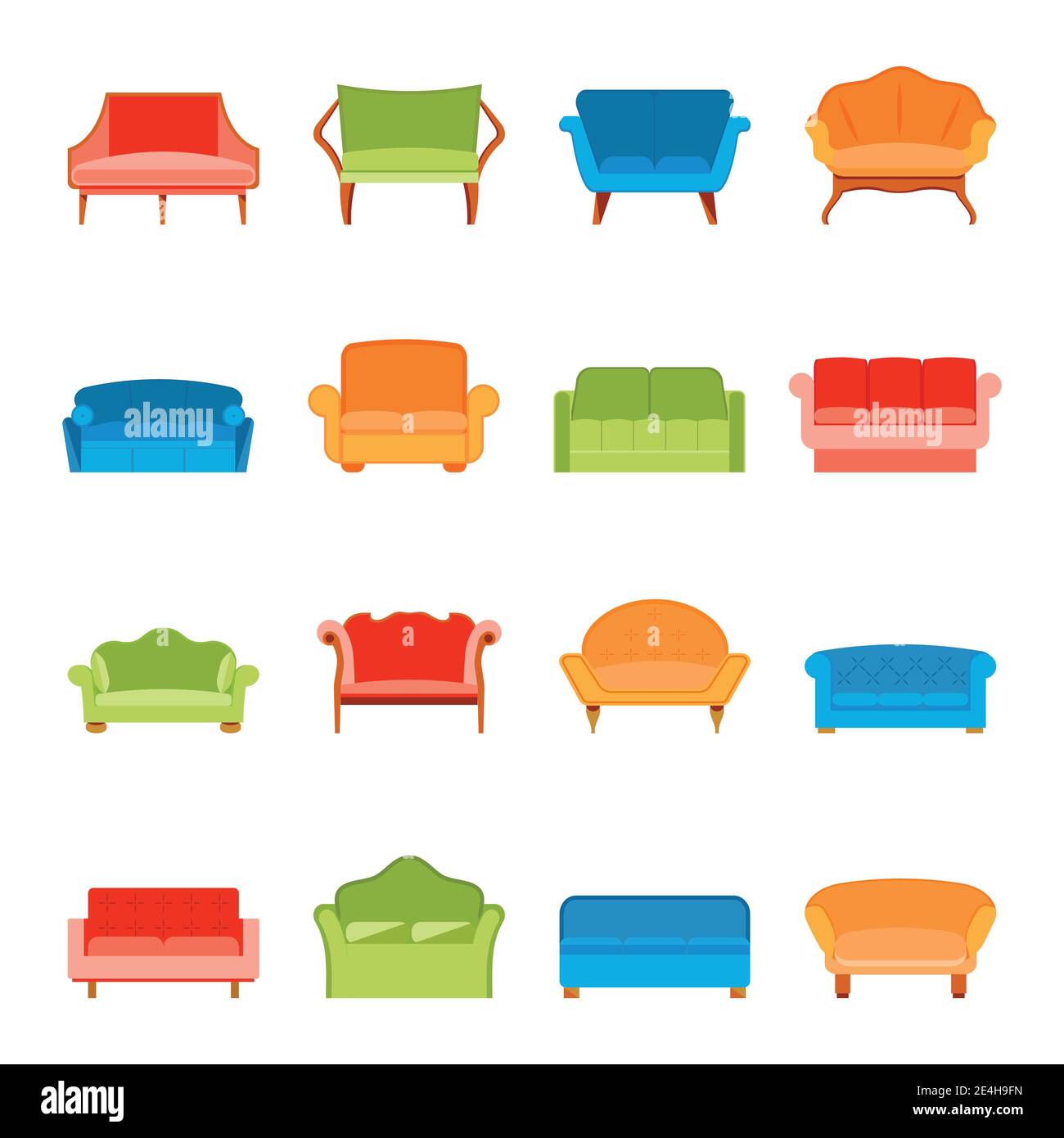 Sofa couches modern furniture icons flat set isolated vector