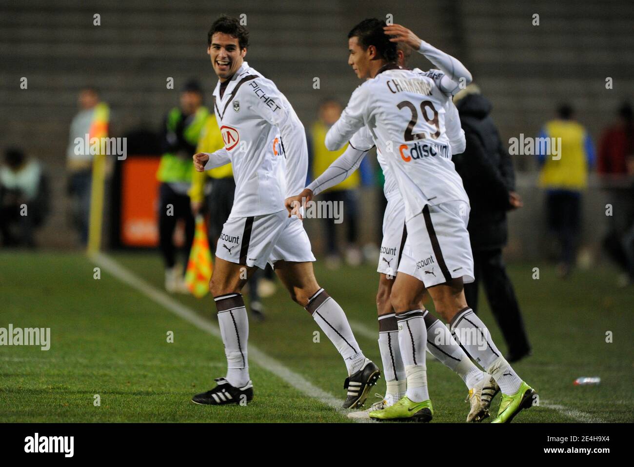 Bordeaux's Jussie celebrates after scoring with Yoann Gourcuff and Marouane  Chamakh during French First League soccer match, Montpellier vs Girondins  de Bordeaux in Montpellier, France on December 16, 2009. Bordeaux won 1-0.