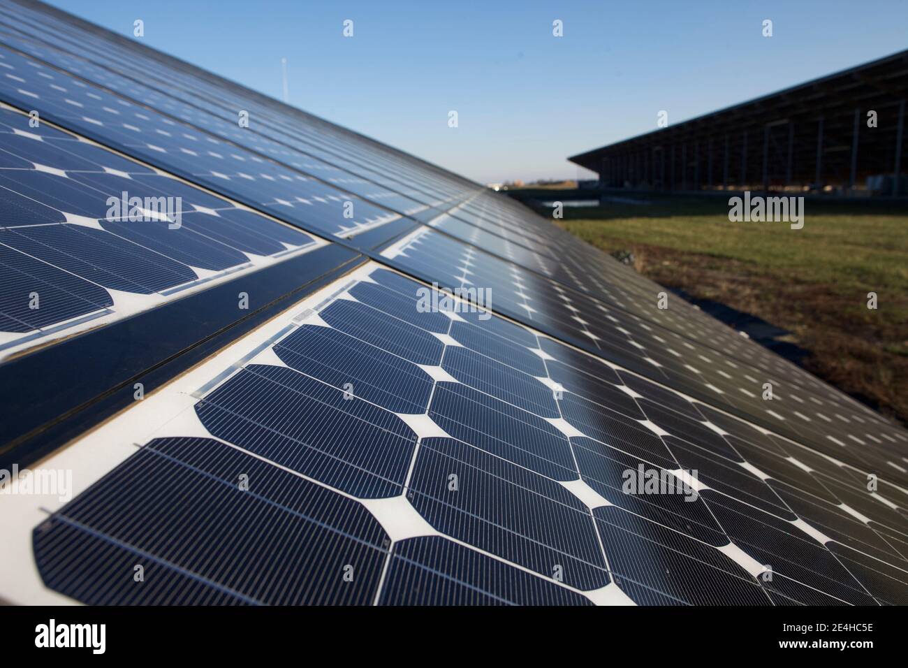 View of the 36,000 square meters solar panel installation, the largest in the world, spread over five hangars at a farm, used as a giant roof in Weinbourg, Eastern France on December 18, 2009. Photo by Antoine/ABACAPRESS.COM Stock Photo