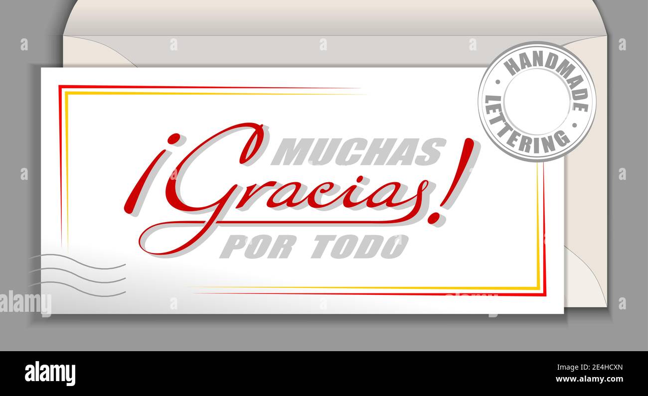 Handwritten lettering in Spanish language Muchas Gracias por todo - Many thanks for everything. Spain vector calligraphy phrase Thank you very much is Stock Vector