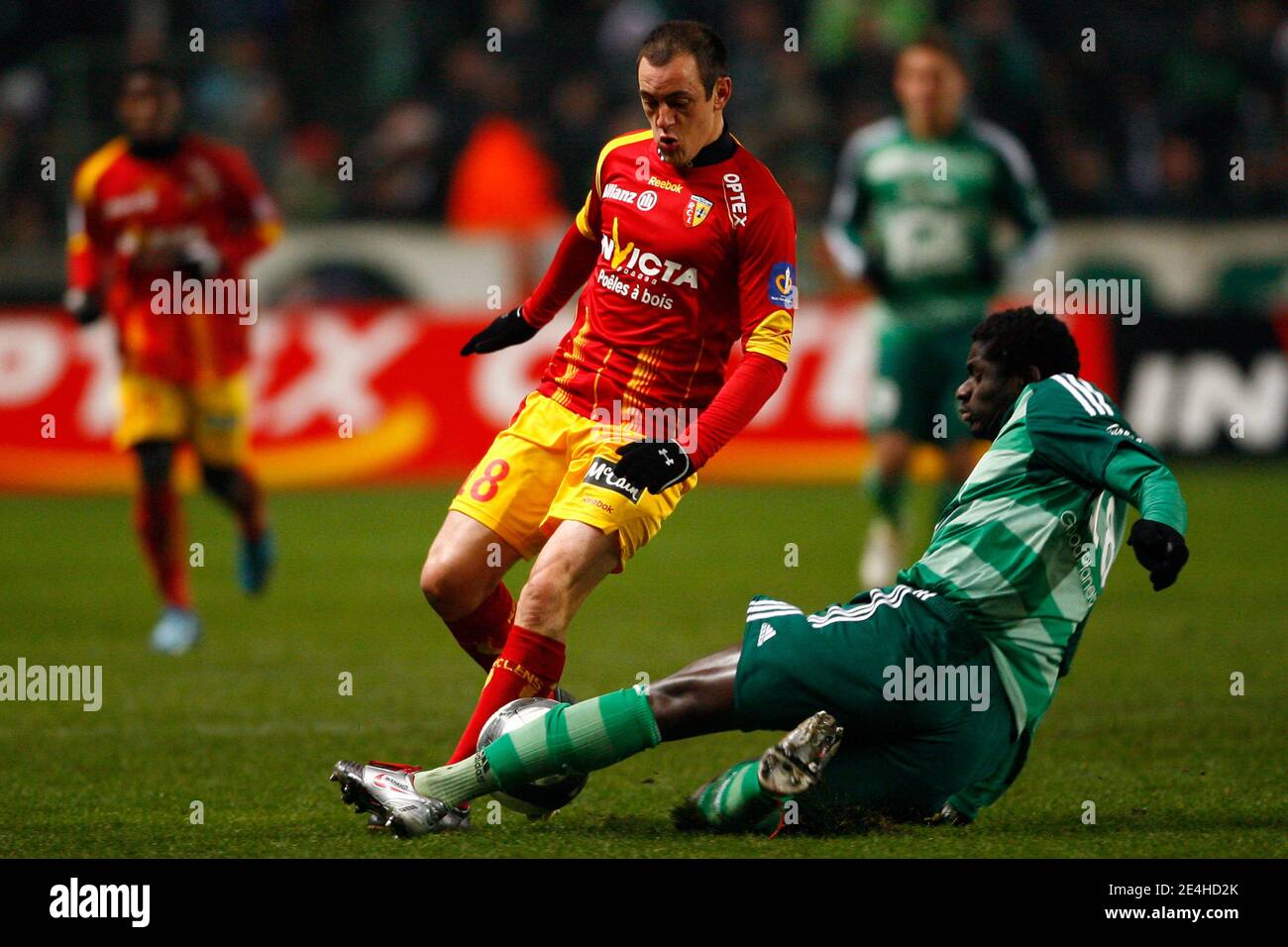 Lens' Sebastien Roudet fights for the ball with St-Etienne's Guirane N'Daw  during the French First League Soccer match, RC Lens vs AS Saint-Etienne at  Felix Bollaert Stadium in Lens, north of France