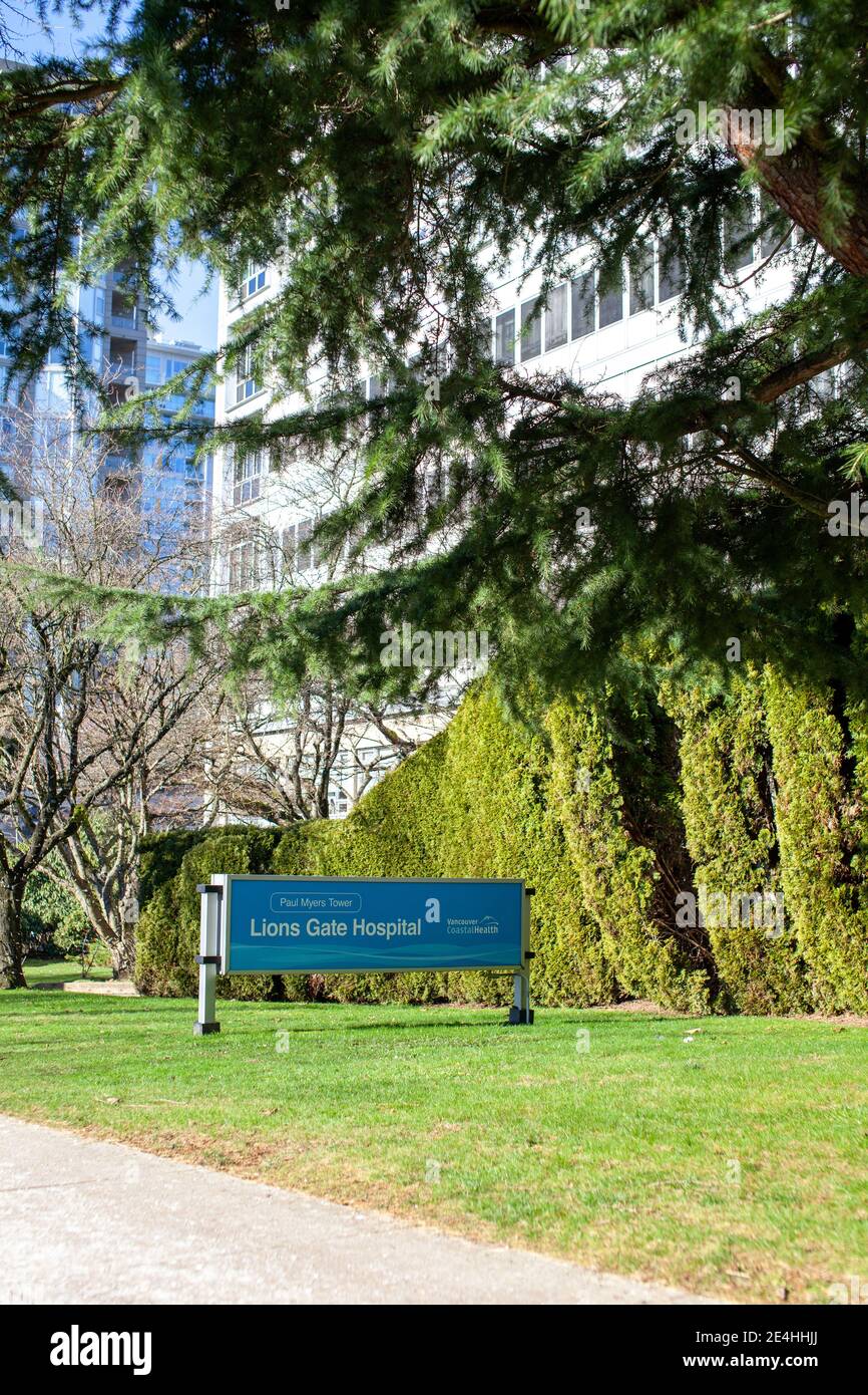 North Vancouver, British-Columbia, Canada - 01-23-2021: The entry way sign to the Lions Gate Hospital, part of the Vancouver Coastal Health authority Stock Photo