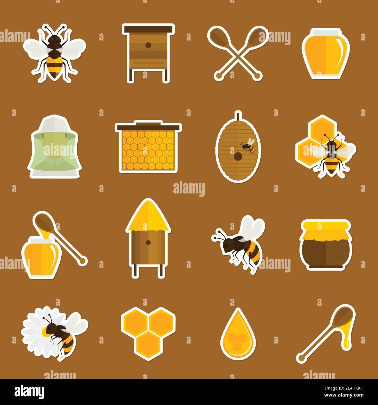 Bee honey icons stickers set with spoon jar bumblebee isolated vector ...
