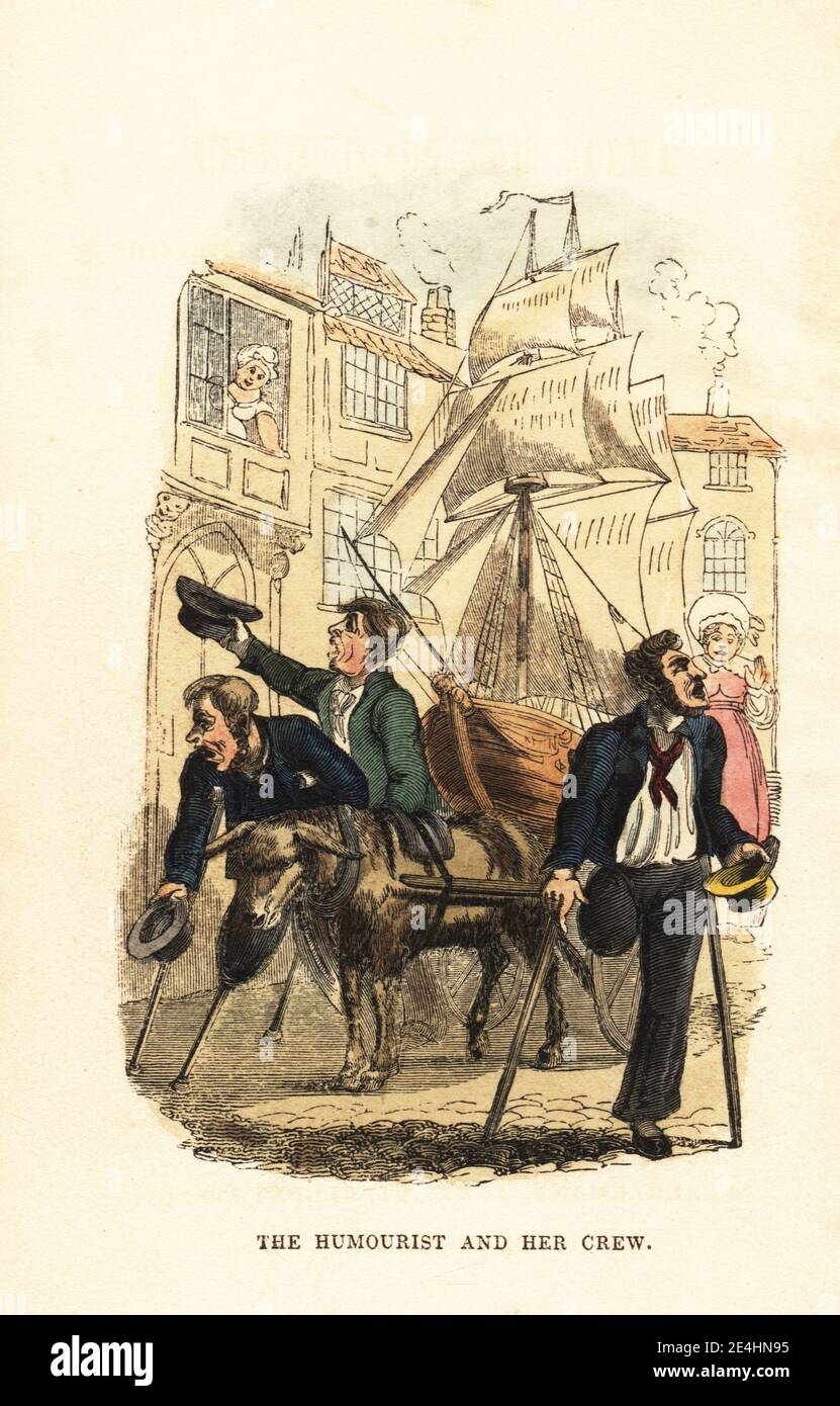 One-legged sailors begging with a donkey dragging a sailing ship on a waggon in a London street. The Humourist and her Crew. Handcoloured wood engraving after an illustration by Thomas Rowlandson from W. H. Harrison’s The Humourist, a Companion for the Christmas Fireside, Rudolph Ackermann, 19 Strand, London, 1831. Stock Photo