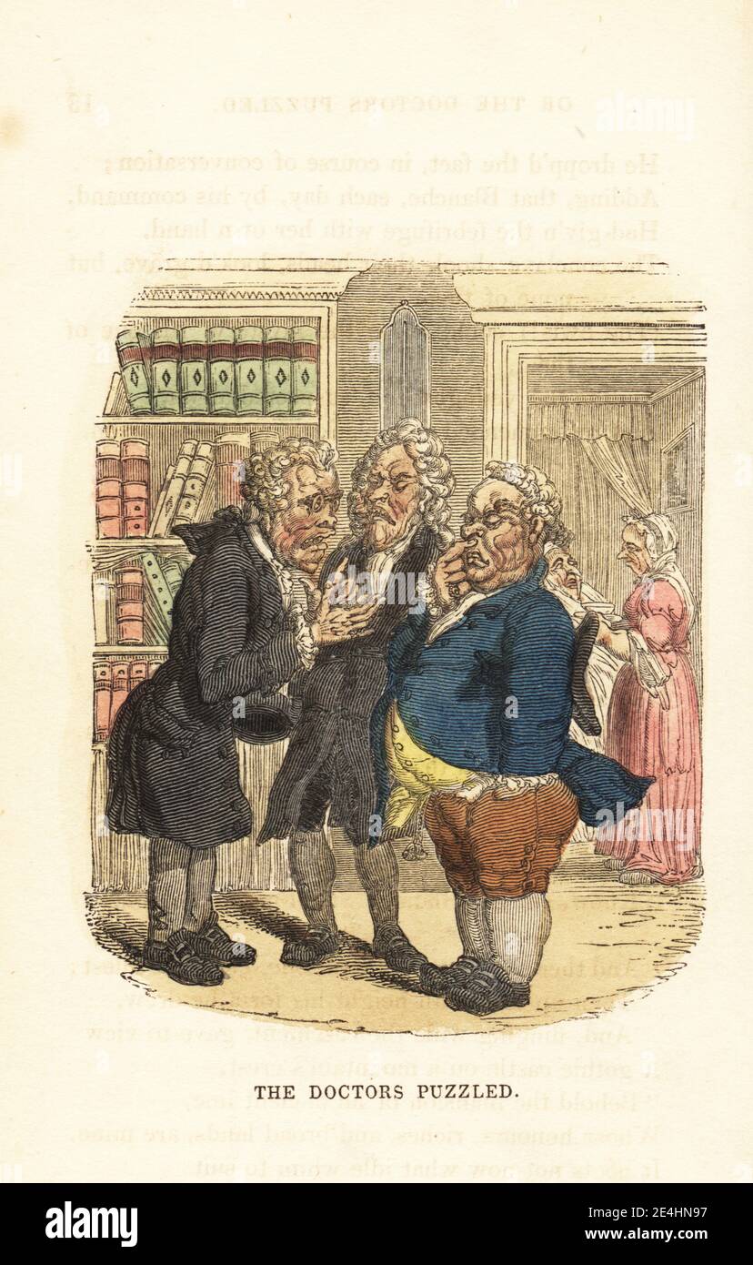 Three Georgian quack doctors in wigs and frock coats discussing a medical case in a library. The Doctors Puzzled. Handcoloured wood engraving after an illustration by Thomas Rowlandson from W. H. Harrison’s The Humourist, a Companion for the Christmas Fireside, Rudolph Ackermann, 19 Strand, London, 1831. Stock Photo