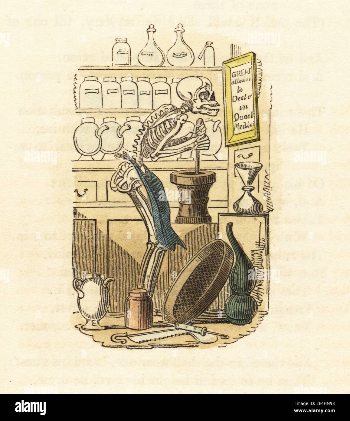 Skeleton of Death in a quack doctor's apothecary shop, wearing an apron mixing poison in a mortar and pestle. The workshop decorated with jars, phials, sieve, surgical saw and syringe. Great Allows to Deal in Quack Medicine. Handcoloured wood engraving after an illustration by Thomas Rowlandson from W. H. Harrison’s The Humourist, a Companion for the Christmas Fireside, Rudolph Ackermann, 19 Strand, London, 1831. Stock Photo