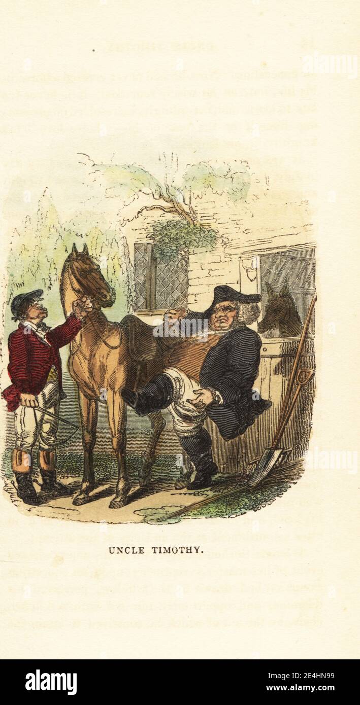 Obese middle-aged man attempting to mount a horse. A jockey holds the horse's muzzle outside a stables. Uncle Timothy. Handcoloured wood engraving after an illustration by Thomas Rowlandson from W. H. Harrison’s The Humourist, a Companion for the Christmas Fireside, Rudolph Ackermann, 19 Strand, London, 1831. Stock Photo