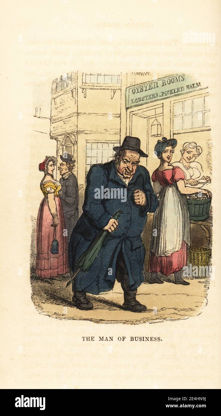 An obese merchant walking down a Georgian London street oblivious to the flirting couple, buxom maids in front of a restaurant called Oyster Rooms, Lobsters, Pickled Salmon. Gideon Owen, the man of business. Handcoloured wood engraving after an illustration by Thomas Rowlandson from W. H. Harrison’s The Humourist, a Companion for the Christmas Fireside, Rudolph Ackermann, 19 Strand, London, 1831. Stock Photo