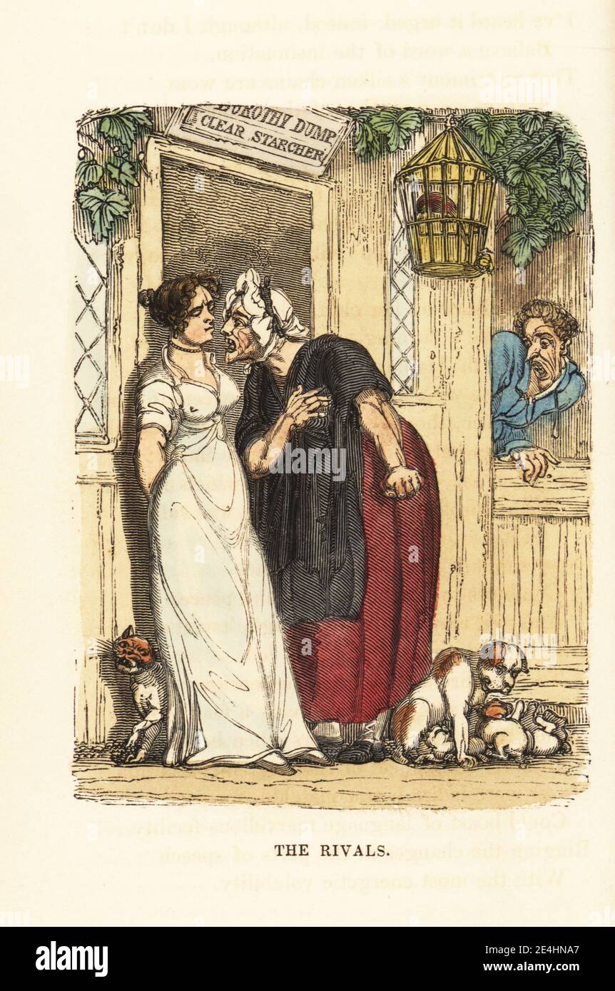 Two laundry women outside a starcher's shop in Georgian Camberwell. The sign reads Dorothy Dump, Clear Starcher. The aunt and niece are in an argument over the affections of a tailor, Orlando. The Rivals. Handcoloured wood engraving after an illustration by Thomas Rowlandson from W. H. Harrison’s The Humourist, a Companion for the Christmas Fireside, Rudolph Ackermann, 19 Strand, London, 1831. Stock Photo