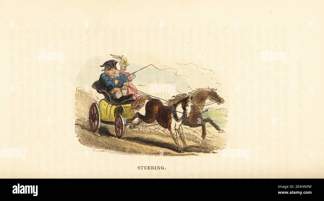 Obese driver and thin woman riding a two-horse carriage in Georgian England. Steering. Handcoloured wood engraving after an illustration by Thomas Rowlandson from W. H. Harrison’s The Humourist, a Companion for the Christmas Fireside, Rudolph Ackermann, 19 Strand, London, 1831. Stock Photo