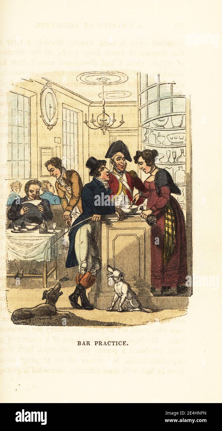 English gentleman and Irish soldier flirting with an innkeeper making punch at the bar. A waiter opens a bottle of wine for a diner in the restaurant. Bar Practice. Handcoloured wood engraving after an illustration by Thomas Rowlandson from W. H. Harrison’s The Humourist, a Companion for the Christmas Fireside, Rudolph Ackermann, 19 Strand, London, 1831. Stock Photo