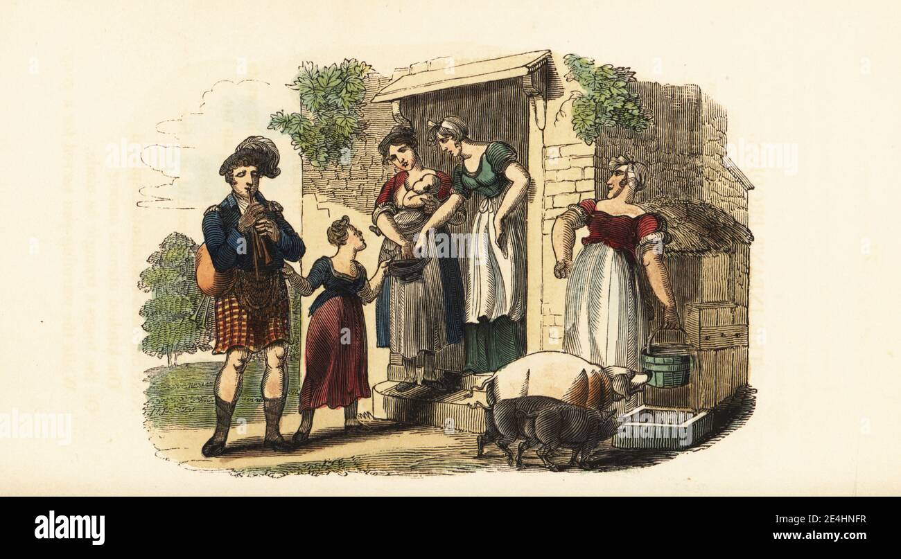 Scottish bagpiper in kilt and feathercap playing music for maids outside a Georgian farm. A girl collects coins in a hat, and another maid carries a bucket of feed to the pigs. Getting cash for notes. Handcoloured wood engraving after an illustration by Thomas Rowlandson from W. H. Harrison’s The Humourist, a Companion for the Christmas Fireside, Rudolph Ackermann, 19 Strand, London, 1831. Stock Photo