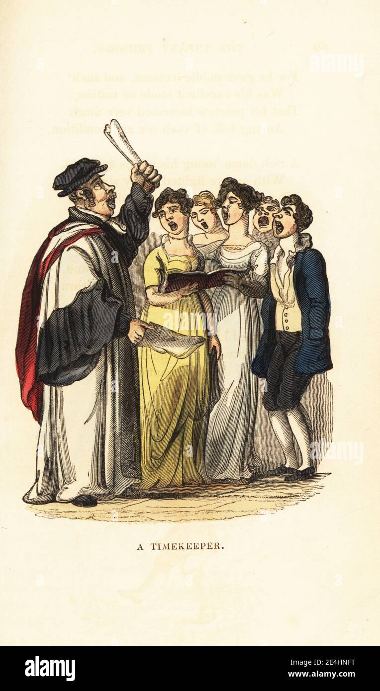 A choirmaster in cap and robes leading a choir in Georgian England. Young men and women sing from sheet music. A Timekeeper. Handcoloured wood engraving after an illustration by Thomas Rowlandson from W. H. Harrison’s The Humourist, a Companion for the Christmas Fireside, Rudolph Ackermann, 19 Strand, London, 1831. Stock Photo