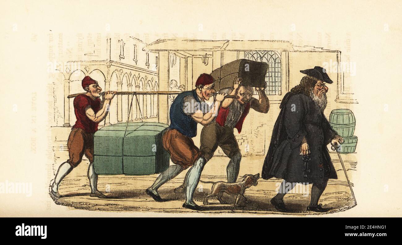 A Jewish merchant with porters carrying large boxes of luggage through the streets of Padua, Italy. In the story, an Irish captain Terrence O'Connor smuggles himself into Nathan's house in a box to free a captive girl Norah. Love in a Box. Handcoloured wood engraving after an illustration by Thomas Rowlandson from W. H. Harrison’s The Humourist, a Companion for the Christmas Fireside, Rudolph Ackermann, 19 Strand, London, 1831. Stock Photo