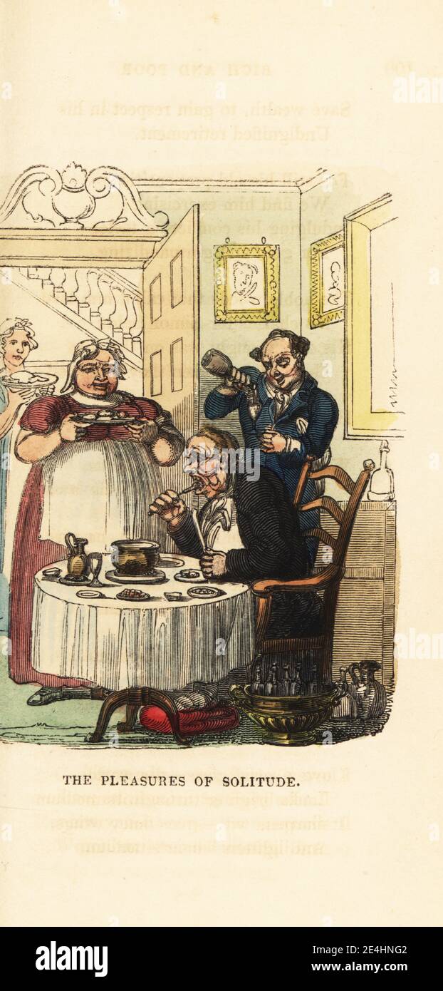A rich gourmet feasting at home in Georgian England. Misanthropic Sir Simon dining alone. A butler pours wine and maids bring platters of food. The Pleasures of Solitude. Handcoloured wood engraving after an illustration by Thomas Rowlandson from W. H. Harrison’s The Humourist, a Companion for the Christmas Fireside, Rudolph Ackermann, 19 Strand, London, 1831. Stock Photo