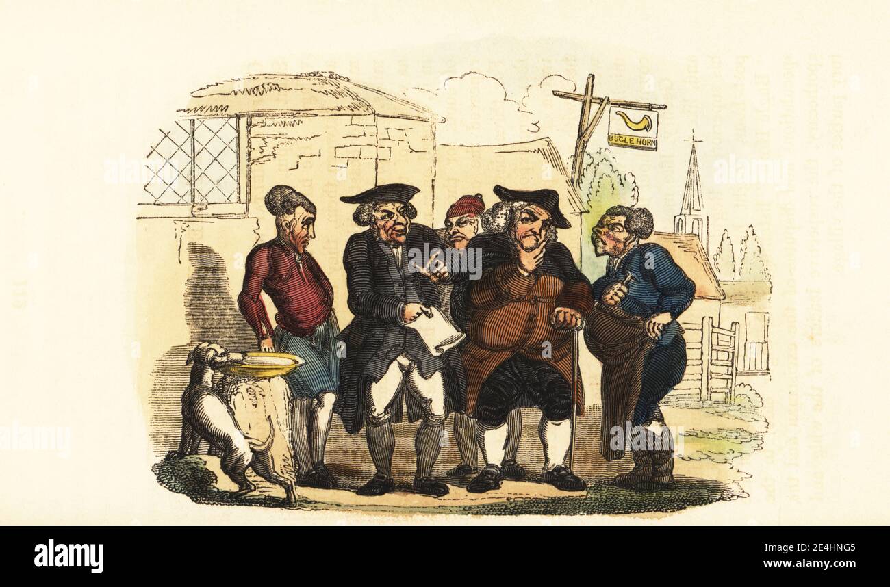 Village politicians, a shoemaker, exciseman and apothecary, holding a meeting in front of the Bugle Horn tavern. Handcoloured wood engraving after an illustration by Thomas Rowlandson from W. H. Harrison’s The Humourist, a Companion for the Christmas Fireside, Rudolph Ackermann, 19 Strand, London, 1831. Stock Photo