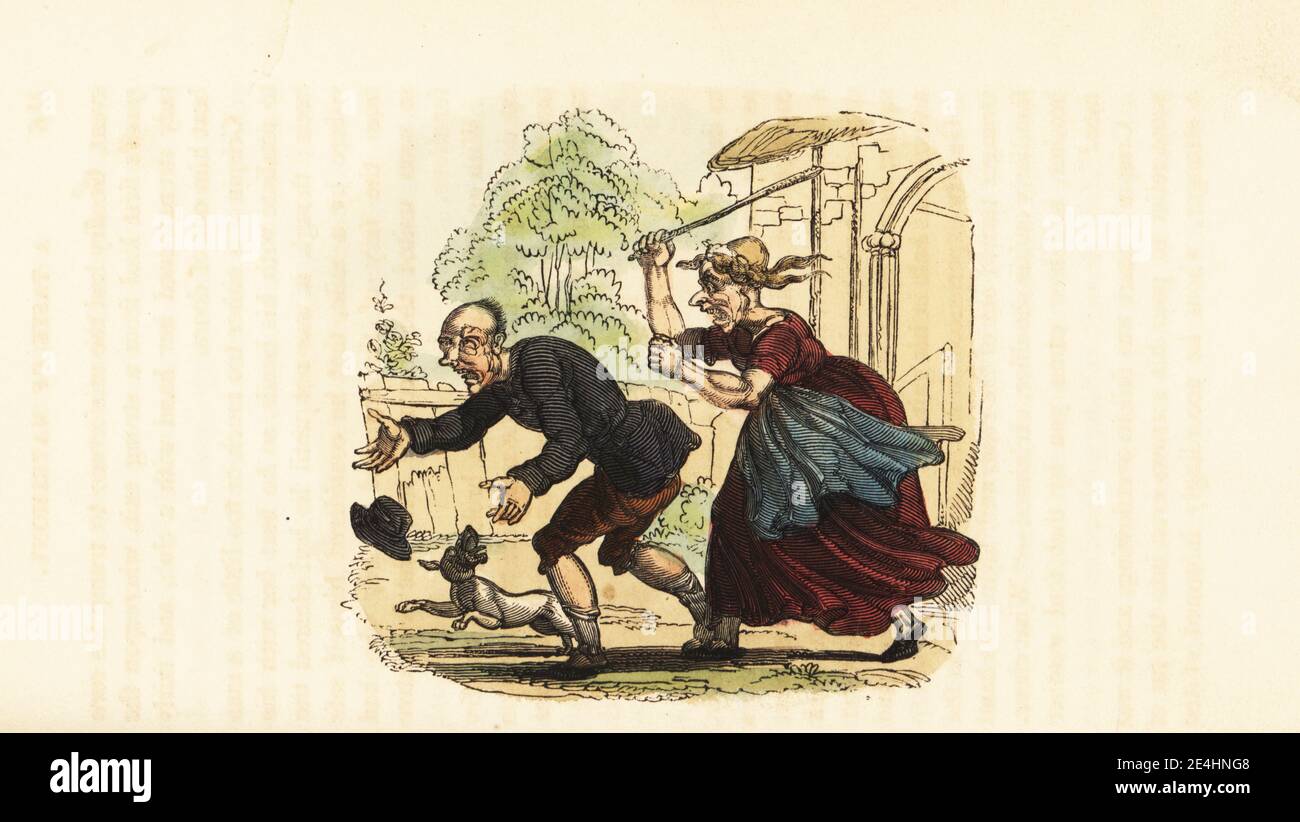 A virago beating a man with a stick. Shoemaker Geoffry Heeltap fleeing from his abusive wife. A Disciplinarian. Handcoloured wood engraving after an illustration by Thomas Rowlandson from W. H. Harrison’s The Humourist, a Companion for the Christmas Fireside, Rudolph Ackermann, 19 Strand, London, 1831. Stock Photo