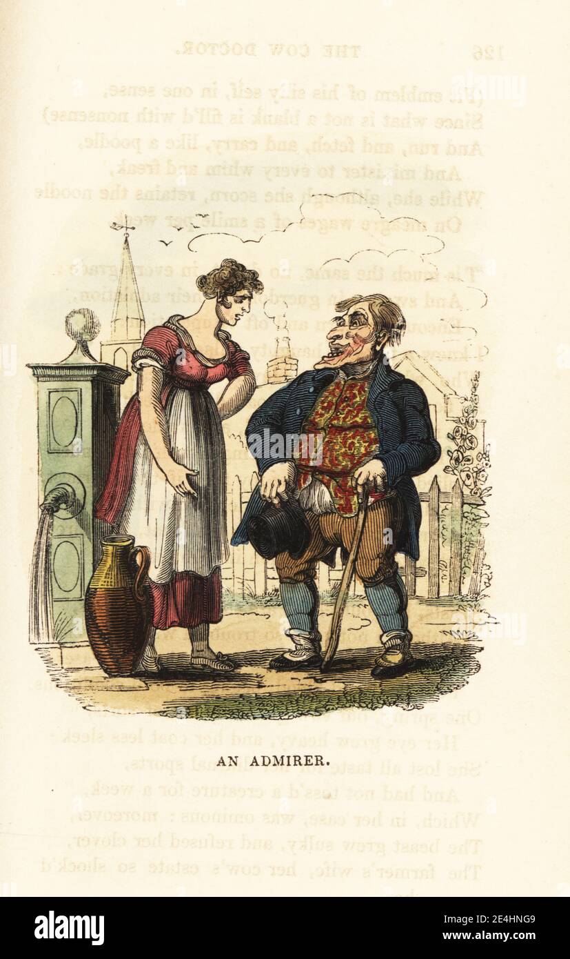 A milkmaid rejects the advances of a foolish rustic admirer in flowery waistcoat at the village water pump. An Admirer. Handcoloured wood engraving after an illustration by Thomas Rowlandson from W. H. Harrison’s The Humourist, a Companion for the Christmas Fireside, Rudolph Ackermann, 19 Strand, London, 1831. Stock Photo