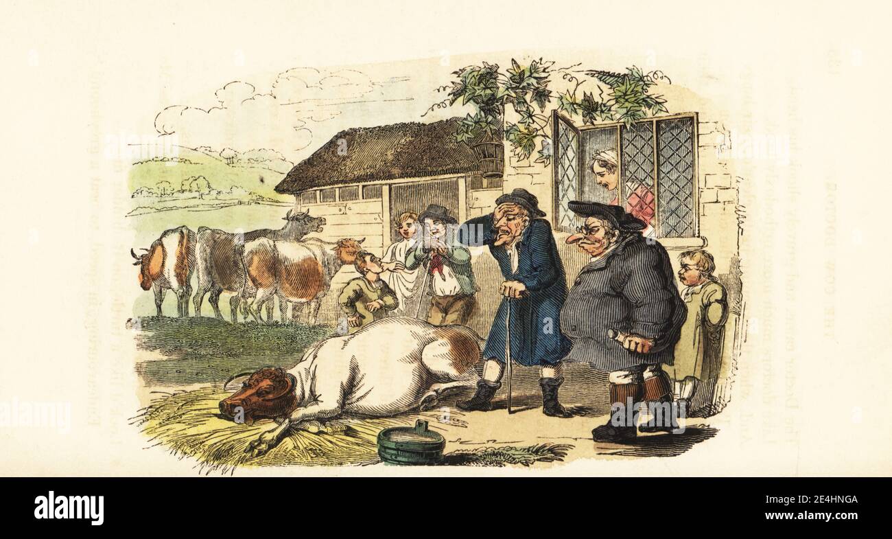 An obese vet examines a sick cow at a dairy farm. The farmer and millmaid look on. Cow doctor. Handcoloured wood engraving after an illustration by Thomas Rowlandson from W. H. Harrison’s The Humourist, a Companion for the Christmas Fireside, Rudolph Ackermann, 19 Strand, London, 1831. Stock Photo