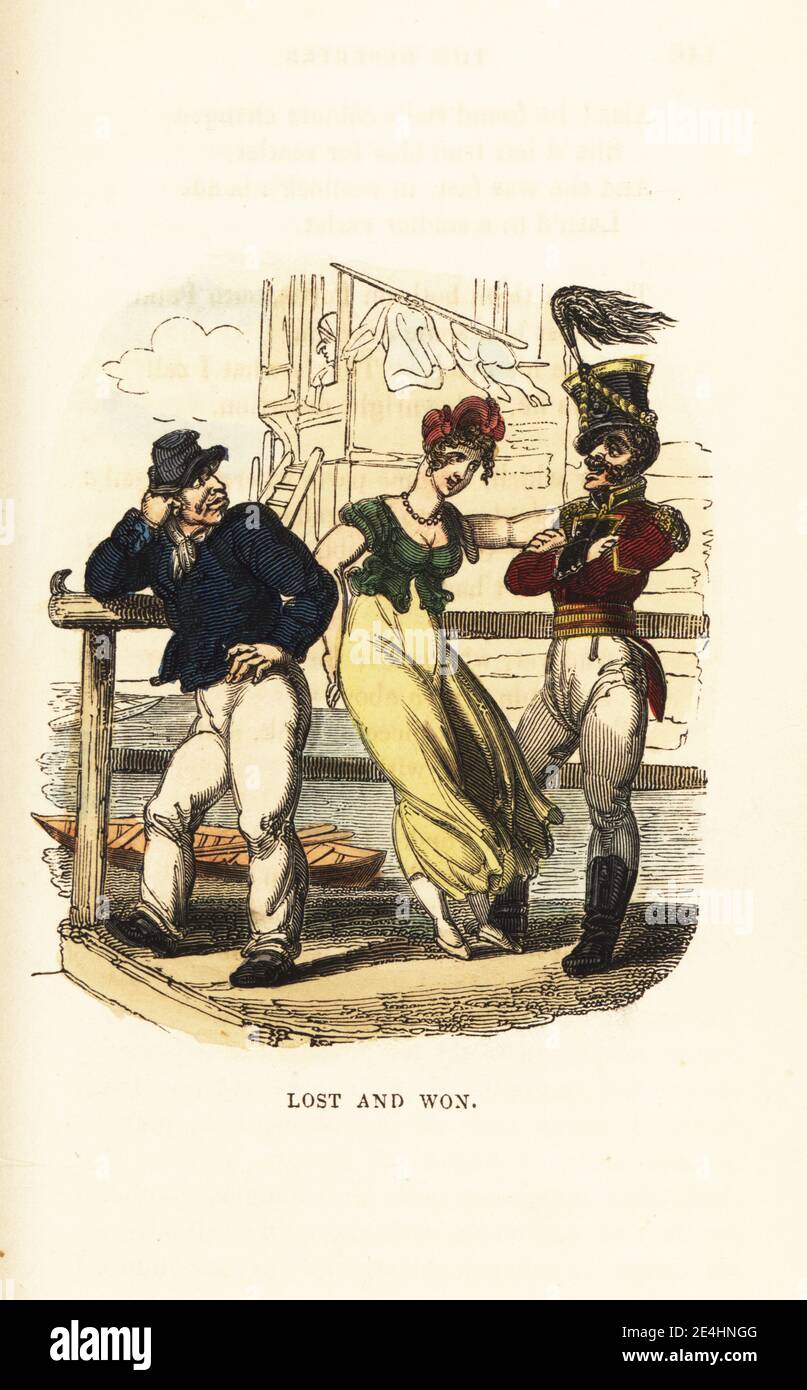 A girl flirting with a soldier in shako hat on Portsouth Point. Sailor Tim Toplift returns from sea to find his love Sally has deserted him for another man. Lost and Won. Handcoloured wood engraving after an illustration by Thomas Rowlandson from W. H. Harrison’s The Humourist, a Companion for the Christmas Fireside, Rudolph Ackermann, 19 Strand, London, 1831. Stock Photo