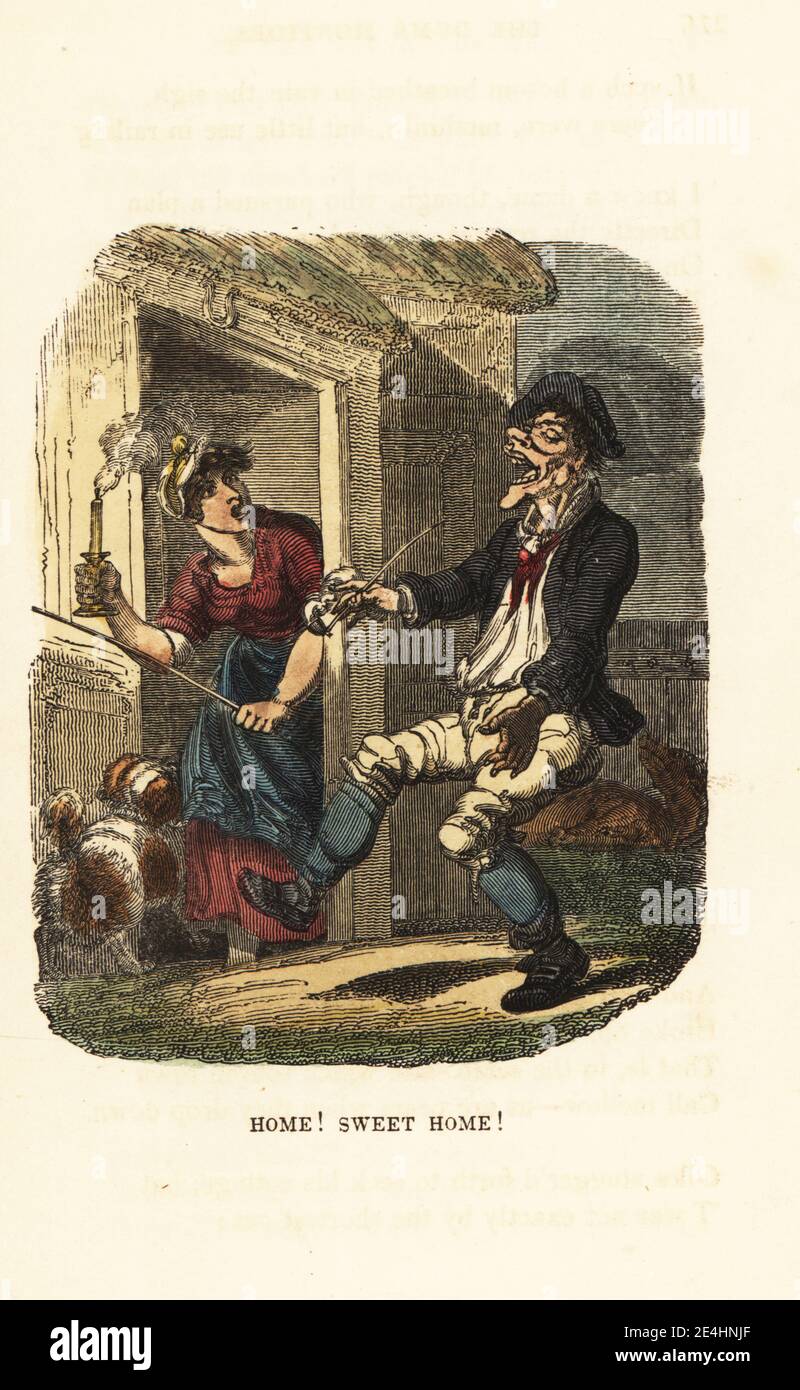 A rustic man arriving home drunk. His wife greets him with a candle and a stick. Home! Sweet Home! Handcoloured wood engraving after an illustration by Thomas Rowlandson from W. H. Harrison’s The Humourist, a Companion for the Christmas Fireside, Rudolph Ackermann, 19 Strand, London, 1831. Stock Photo