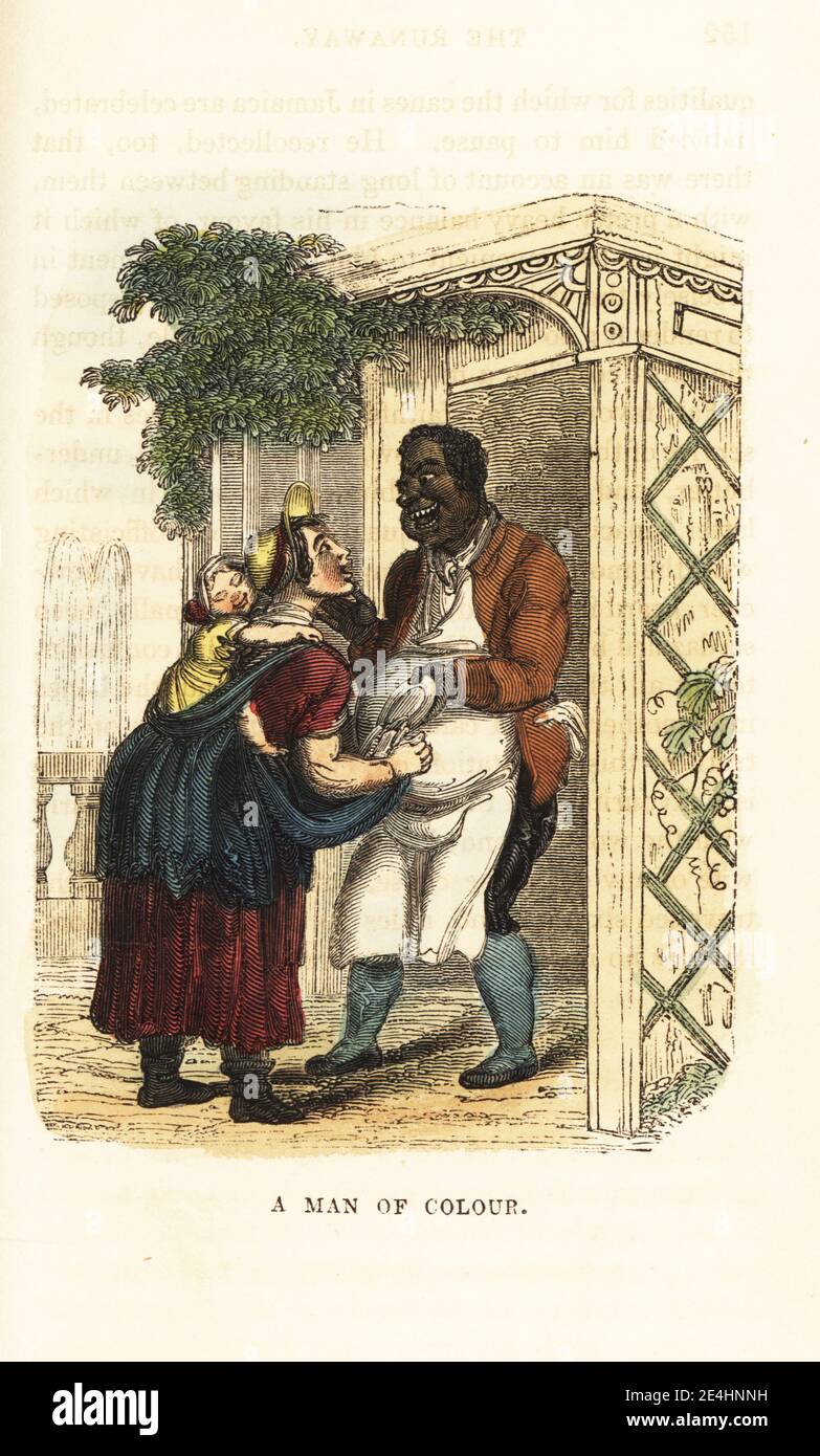 A black butler/footman tipping a plate of meat into a woman's apron. In the story The Runaway, Pam is a West Indian enslaved person who escapes into service in London. A Man of Colour. Handcoloured wood engraving after an illustration by Thomas Rowlandson from W. H. Harrison’s The Humourist, a Companion for the Christmas Fireside, Rudolph Ackermann, 19 Strand, London, 1831. Stock Photo
