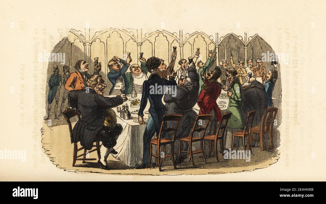 Gentlemen making a toast at the Lord Mayor's Day dinner, Guildhall, London. Civic Enjoyments. Handcoloured wood engraving after an illustration by Thomas Rowlandson from W. H. Harrison’s The Humourist, a Companion for the Christmas Fireside, Rudolph Ackermann, 19 Strand, London, 1831. Stock Photo
