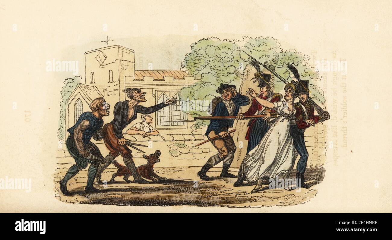 Two red-coat soldiers running off with a tailor's wife, Georgian era. The soldiers use their muskets and bayonets to hold off the angry tailor Twist, who is armed only with scissors, and blacksmith with hammer. Recruiting. Handcoloured wood engraving after an illustration by Thomas Rowlandson from W. H. Harrison’s The Humourist, a Companion for the Christmas Fireside, Rudolph Ackermann, 19 Strand, London, 1831. Stock Photo