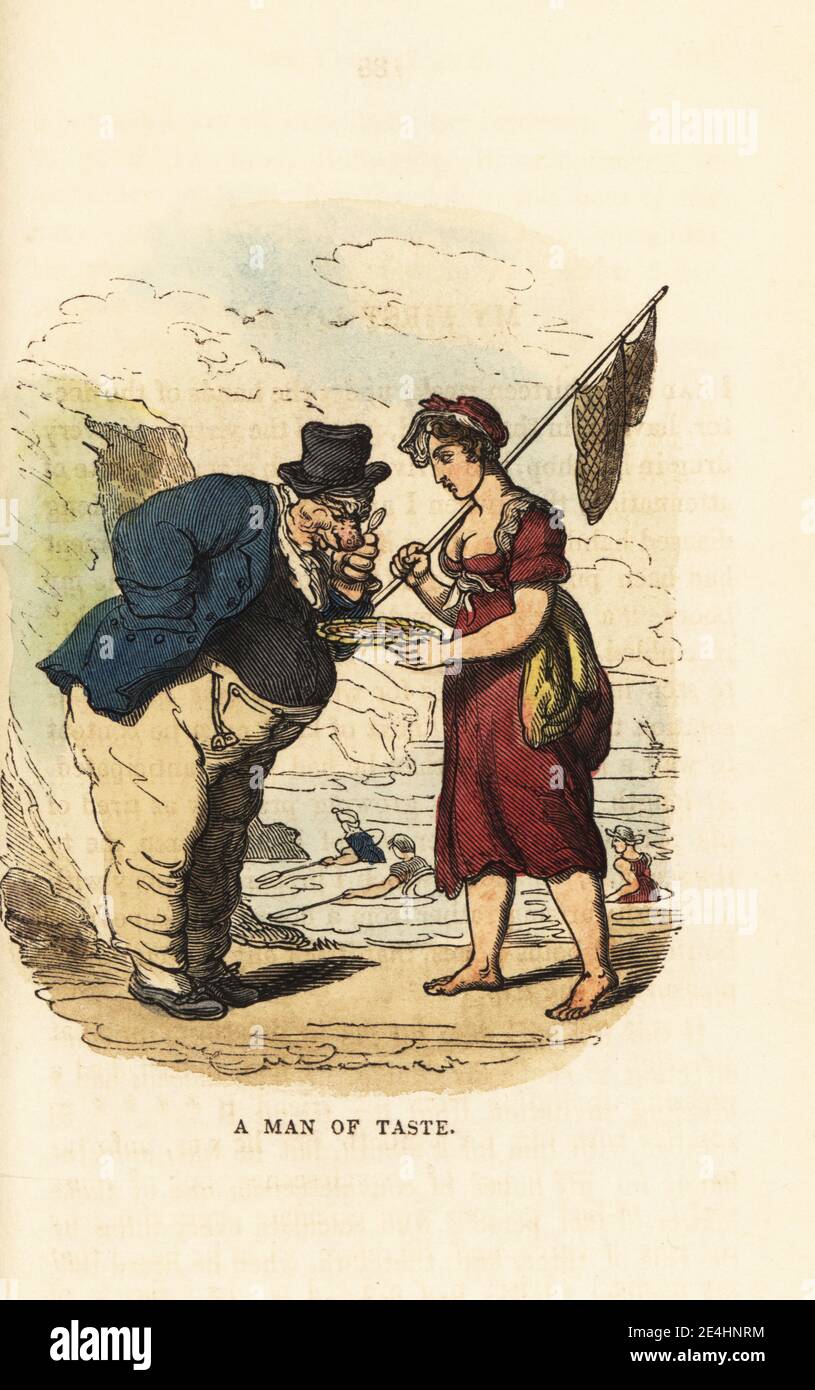 A fishwife selling shellfish on a Kent beach. An obese man checks the produce with a monocle. Other women fish for mussels and oysters with nets in the sea. A Man of Taste. Handcoloured wood engraving after an illustration by Thomas Rowlandson from W. H. Harrison’s The Humourist, a Companion for the Christmas Fireside, Rudolph Ackermann, 19 Strand, London, 1831. Stock Photo