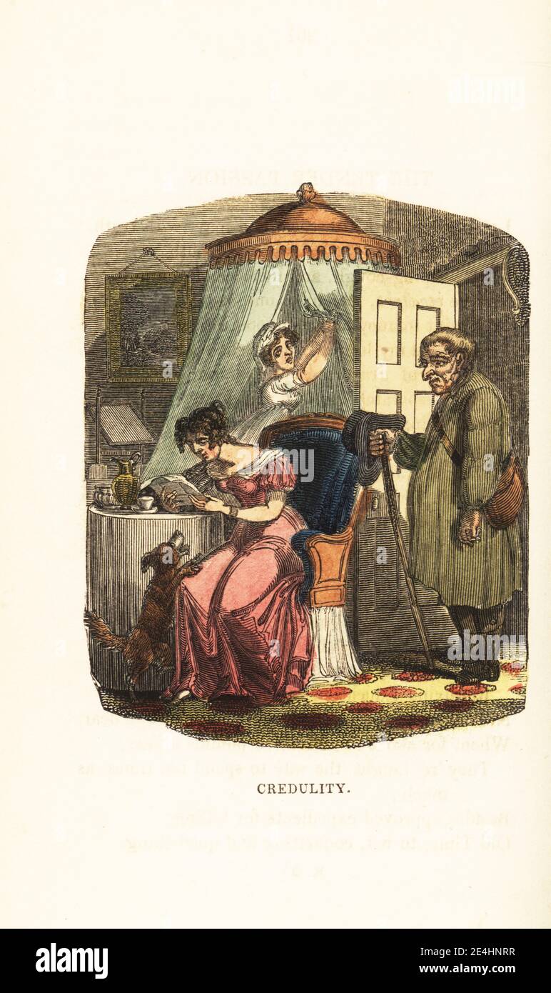 A young woman reading an illicit love letter at a table in her room at a Finishing School for Girls. The principal stands at the door. A maid fixes the bed curtains behind her. Credulity. Handcoloured wood engraving after an illustration by Thomas Rowlandson from W. H. Harrison’s The Humourist, a Companion for the Christmas Fireside, Rudolph Ackermann, 19 Strand, London, 1831. Stock Photo