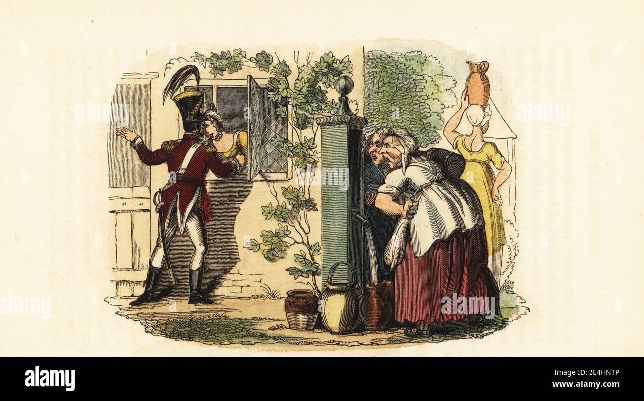 An army officer kissing goodbye to a village girl at a window. Captain Cleveland taking leave of Katy Thompson. Women watch from the water pump. A Military Salute. Handcoloured wood engraving after an illustration by Thomas Rowlandson from W. H. Harrison’s The Humourist, a Companion for the Christmas Fireside, Rudolph Ackermann, 19 Strand, London, 1831. Stock Photo