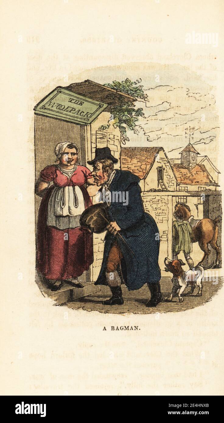 A Georgian commercial traveller with his saddlebags arriving at The Woolpack Inn. A maid welcomes him at the door, while a porter leads his horse to the stables. A Bagman. Handcoloured wood engraving after an illustration by Thomas Rowlandson from W. H. Harrison’s The Humourist, a Companion for the Christmas Fireside, Rudolph Ackermann, 19 Strand, London, 1831. Stock Photo