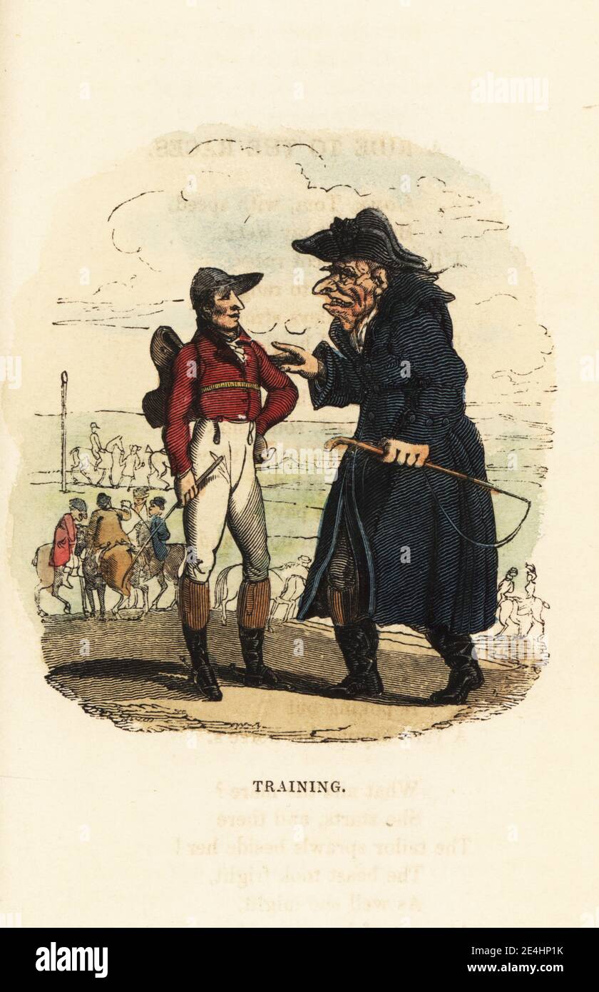 A horse owner talks to his jockey at the Ascot Races The jockey wears a cap, red jacket, breeches and boots, and has his saddle on his back. Training. Handcoloured wood engraving after an illustration by Thomas Rowlandson from W. H. Harrison’s The Humourist, a Companion for the Christmas Fireside, Rudolph Ackermann, 19 Strand, London, 1831. Stock Photo