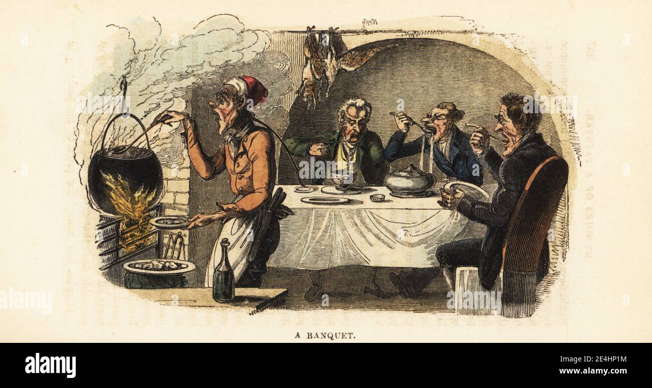 Georgian gentlemen eating soup from a tureen at a dinner table in a garret. A chef in cap and apron tends a boiling pot on a stove. A rabbit and game bird hang in the hearth. A Banquet. Handcoloured wood engraving after an illustration by Thomas Rowlandson from W. H. Harrison’s The Humourist, a Companion for the Christmas Fireside, Rudolph Ackermann, 19 Strand, London, 1831. Stock Photo