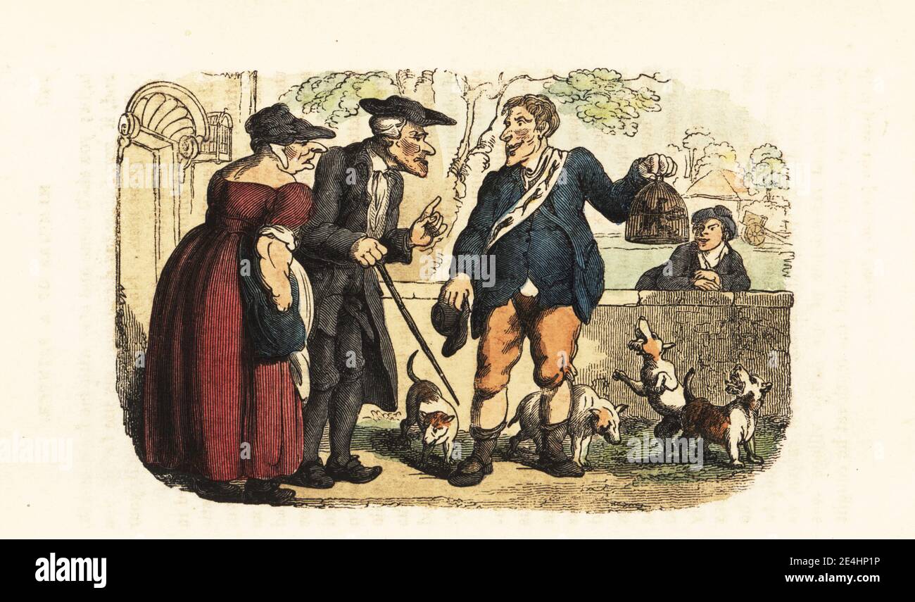 A Georgian rat-catcher showing some captured rats in a cage. The customers are a parson and his wife. He wears a sash embroidered with rats and his ratter dogs bark at his feet. The Rat-Catcher. Handcoloured wood engraving after an illustration by Thomas Rowlandson from W. H. Harrison’s The Humourist, a Companion for the Christmas Fireside, Rudolph Ackermann, 19 Strand, London, 1831. Stock Photo