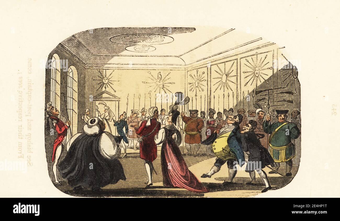 Georgian gentlemen and ladies, parsons and doctors, at an audience with the king of England. Courtiers and beefeaters line the hall of the palace. A court day. Handcoloured wood engraving after an illustration by Thomas Rowlandson from W. H. Harrison’s The Humourist, a Companion for the Christmas Fireside, Rudolph Ackermann, 19 Strand, London, 1831. Stock Photo