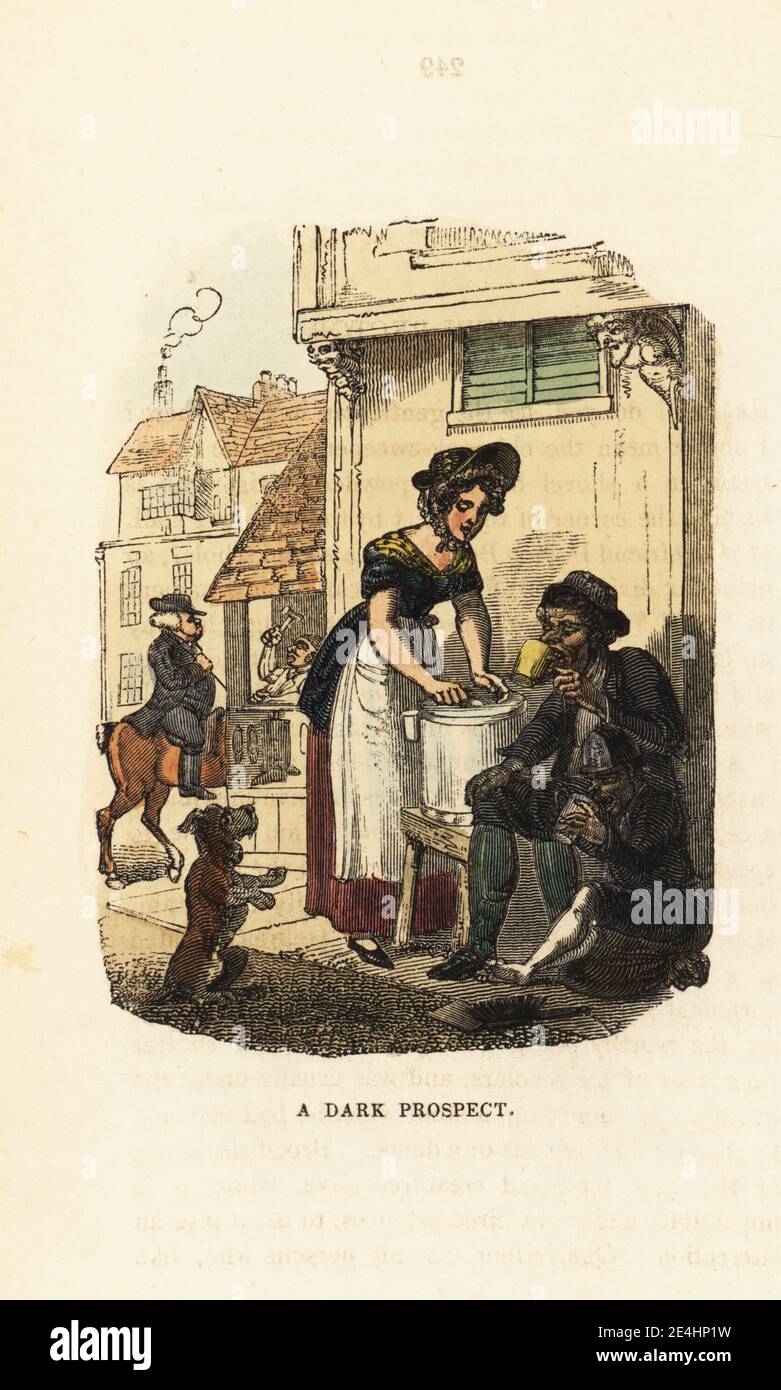 Georgian milkmaid serving cups of milk to a sooty chimney sweep and his apprentice boy on a street corner in Oxford. In the background, a new rector Doctor Broadbase rides past a blacksmith. A Dark Prospect. Handcoloured wood engraving after an illustration by Thomas Rowlandson from W. H. Harrison’s The Humourist, a Companion for the Christmas Fireside, Rudolph Ackermann, 19 Strand, London, 1831. Stock Photo