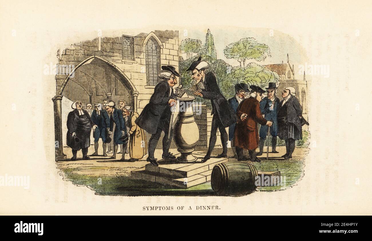 Two Georgian rectors in a churchyard in Oxford. Doctor Broadbase checks his watch against the sundial. Symptoms of a Dinner. Handcoloured wood engraving after an illustration by Thomas Rowlandson from W. H. Harrison’s The Humourist, a Companion for the Christmas Fireside, Rudolph Ackermann, 19 Strand, London, 1831. Stock Photo