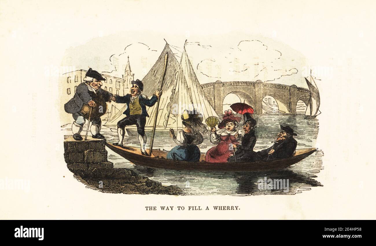 A wherry-man helps an obese man from the quay on to his wherry boat, who then sinks it with his weight. The passengers include ladies with fans and parasols, men in top hats with canes. The scene is Horseferry on the River Thames in London. The way to fill a wherry Handcoloured wood engraving after an illustration by Thomas Rowlandson from W. H. Harrison’s The Humourist, a Companion for the Christmas Fireside, Rudolph Ackermann, 19 Strand, London, 1831. Stock Photo