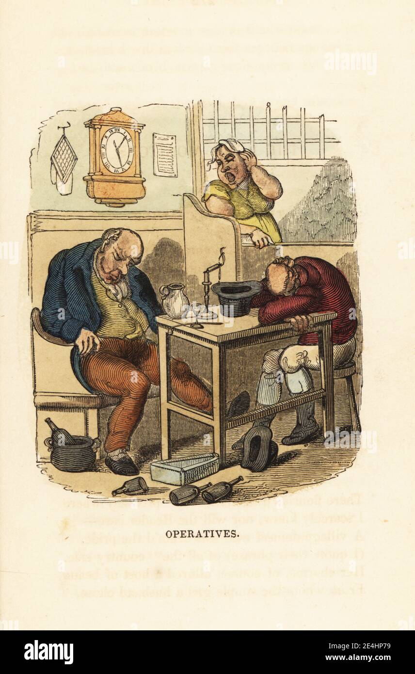 A barmaid in a tavern calls time on two sleeping drunks. The men are in a drunken stupor at a table with tankard, gin glass, candle and hat. Empty wine bottles lie on the floor. Operatives. Handcoloured wood engraving after an illustration by Thomas Rowlandson from W. H. Harrison’s The Humourist, a Companion for the Christmas Fireside, Rudolph Ackermann, 19 Strand, London, 1831. Stock Photo